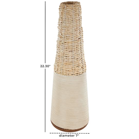 Light Brown Rattan Handmade Woven Vase with Beige Metal Base